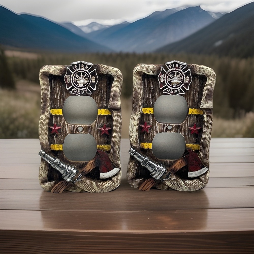 Lot of 2 Rivers Edge Products Firefighter 3D Resin Duplex‎ Outlet Cover Plates